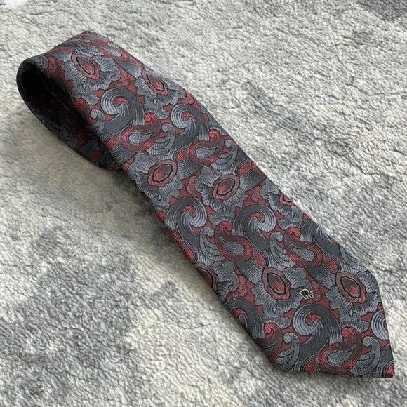 Christian Dior Mens Red Gray Paisley Abstract Neck Tie Business Career Office - Picture 1 of 9